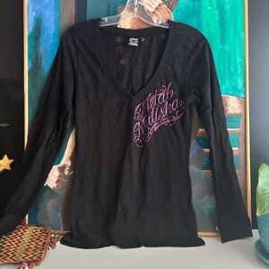 Metal Mulisha Black Sheer Long Sleeve with Pink Script L